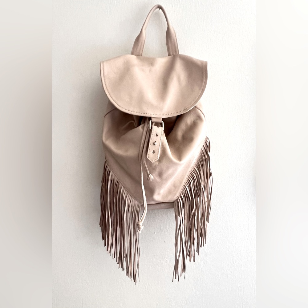 Off White Cream Beige Fringe Genuine leather Backpack Festival Bag